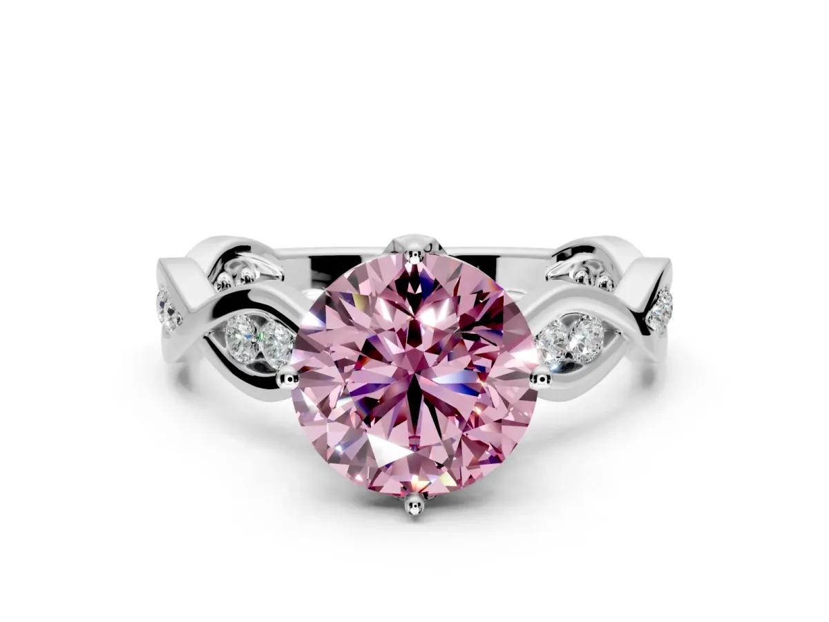 Solitaire Engagement Ring Setting for Fancy Pink Round Cut Center with Accented Twist Band and Leaf Prong Head in Sterling Silver
