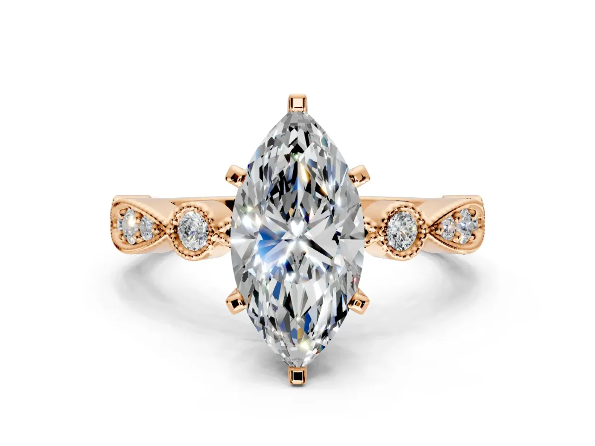 Solitaire Engagement Ring Setting for Marquise Center with Milgrain Bezel Accents and Prong Head in Rose Gold