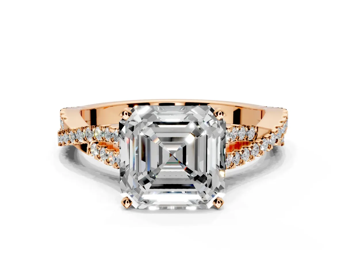 Solitaire Engagement Ring Setting for Asscher Cut Center with Twisted Pave Split Shank and Prong Head in Rose Gold