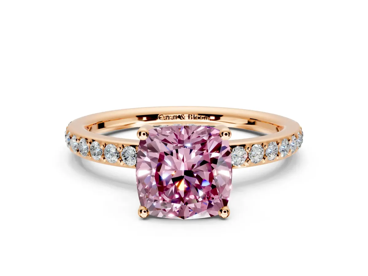Solitaire Engagement Ring Setting for Fancy Pink Cushion Cut Center with Fine Pave Band and Prong Head in Rose Gold