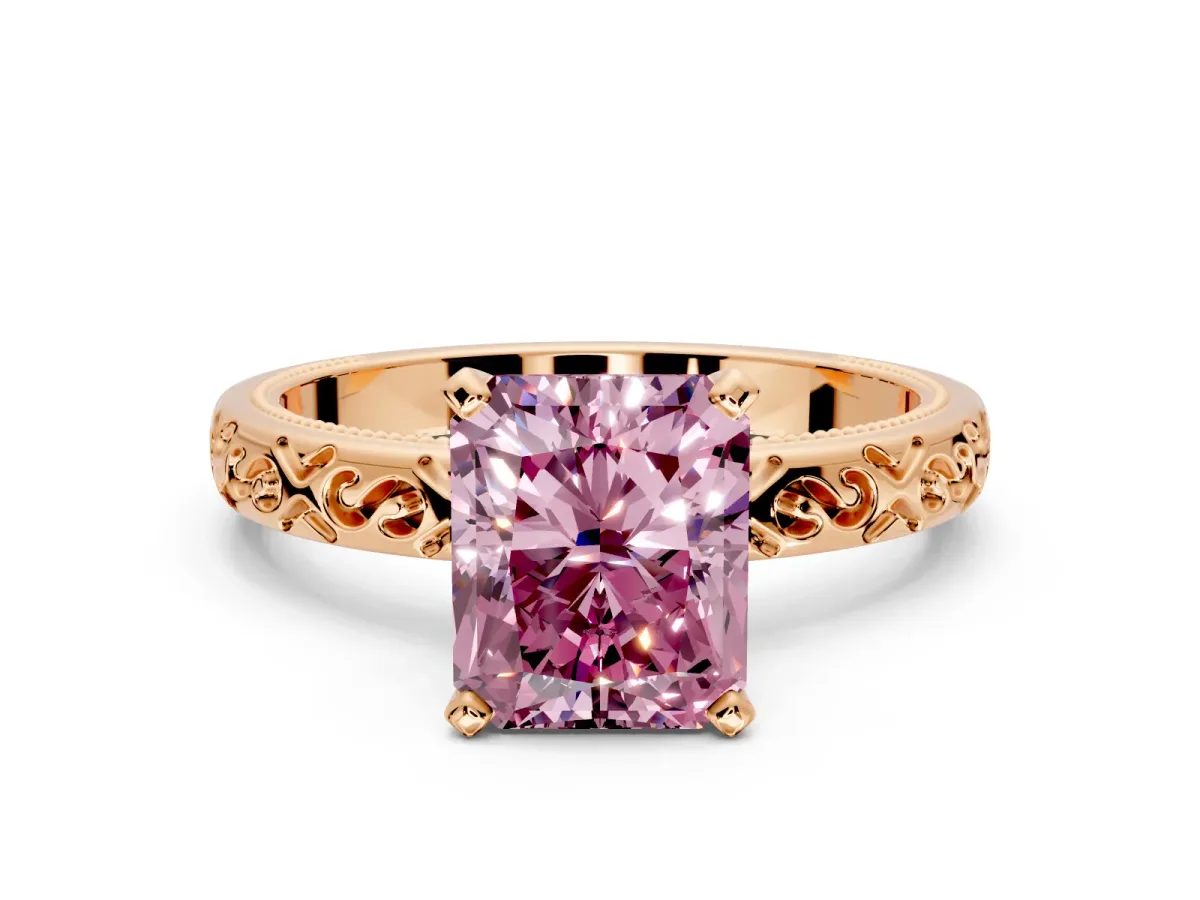 Solitaire Engagement Ring Setting for Fancy Pink Radiant Cut Center with Scrollwork Band and Prong Head in Rose Gold