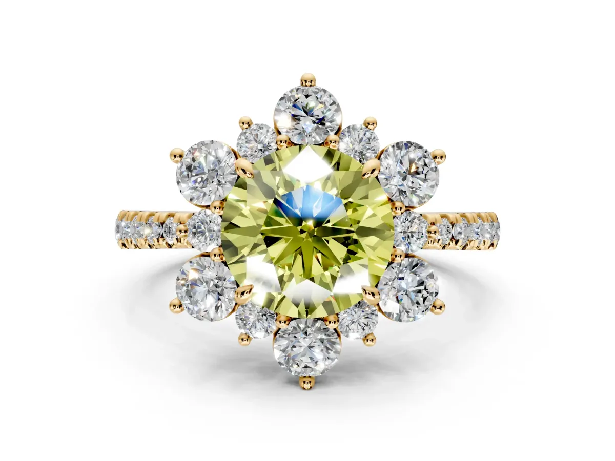 Floral Halo Engagement Ring Setting for Fancy Yellow Round Cut Center with Pave Accents and Prong Head in Yellow Gold