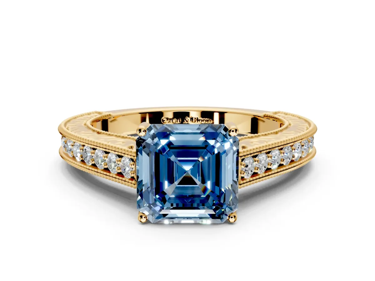 Solitaire Engagement Ring Setting for Fancy Blue Asscher Cut Center with Engraved Pave Band and Prong Head in Yellow Gold