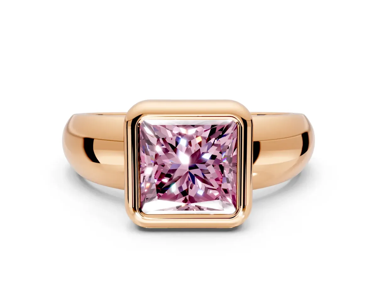 Solitaire Engagement Ring Setting for Fancy Pink Princess Cut Center with Wide Band and Bezel Head in Rose Gold