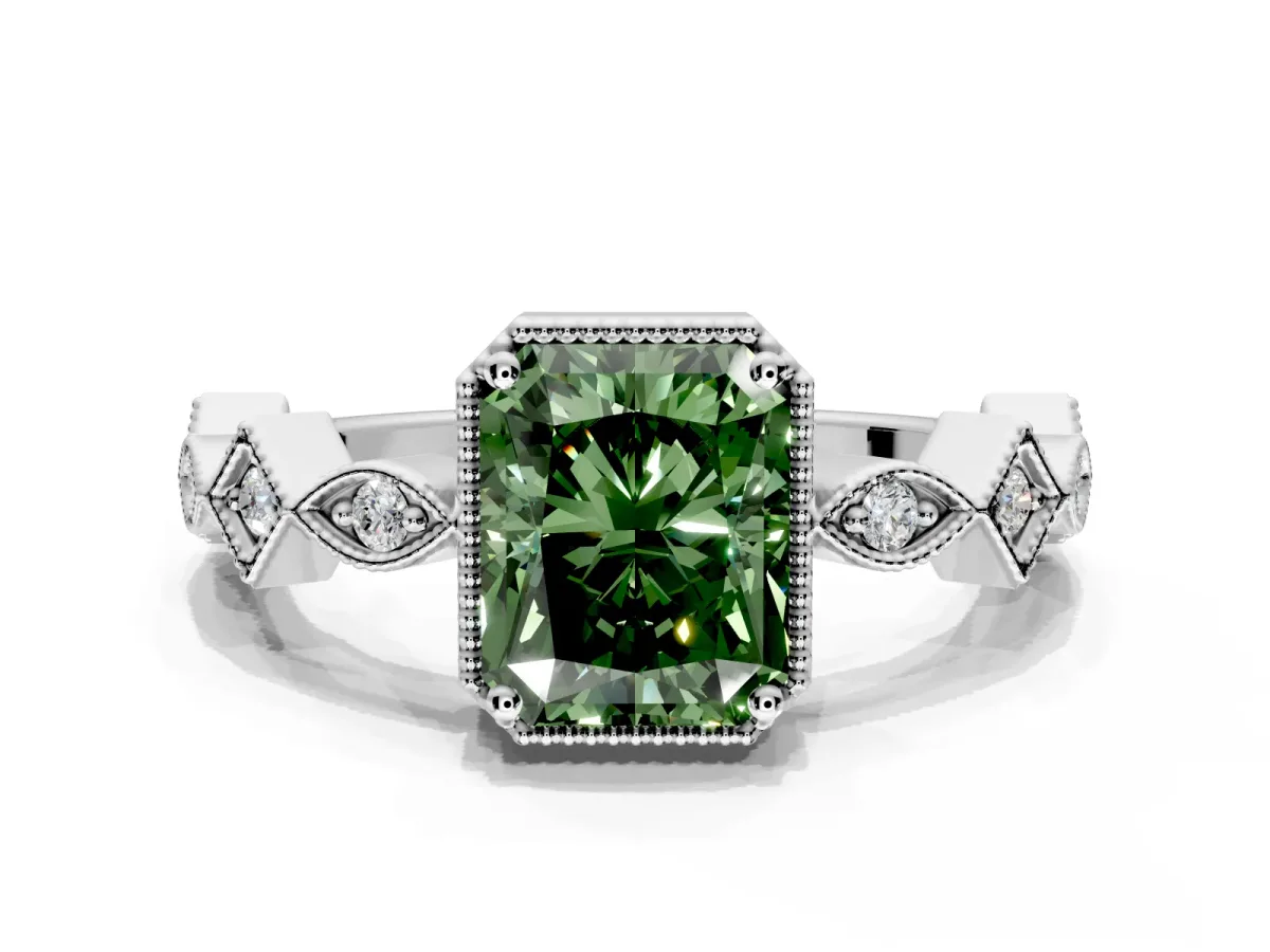 Milgrain Bezel Engagement Ring Setting for Fancy Green Radiant Cut Center with Marquise Stations and Bezel Head in Sterling Silver