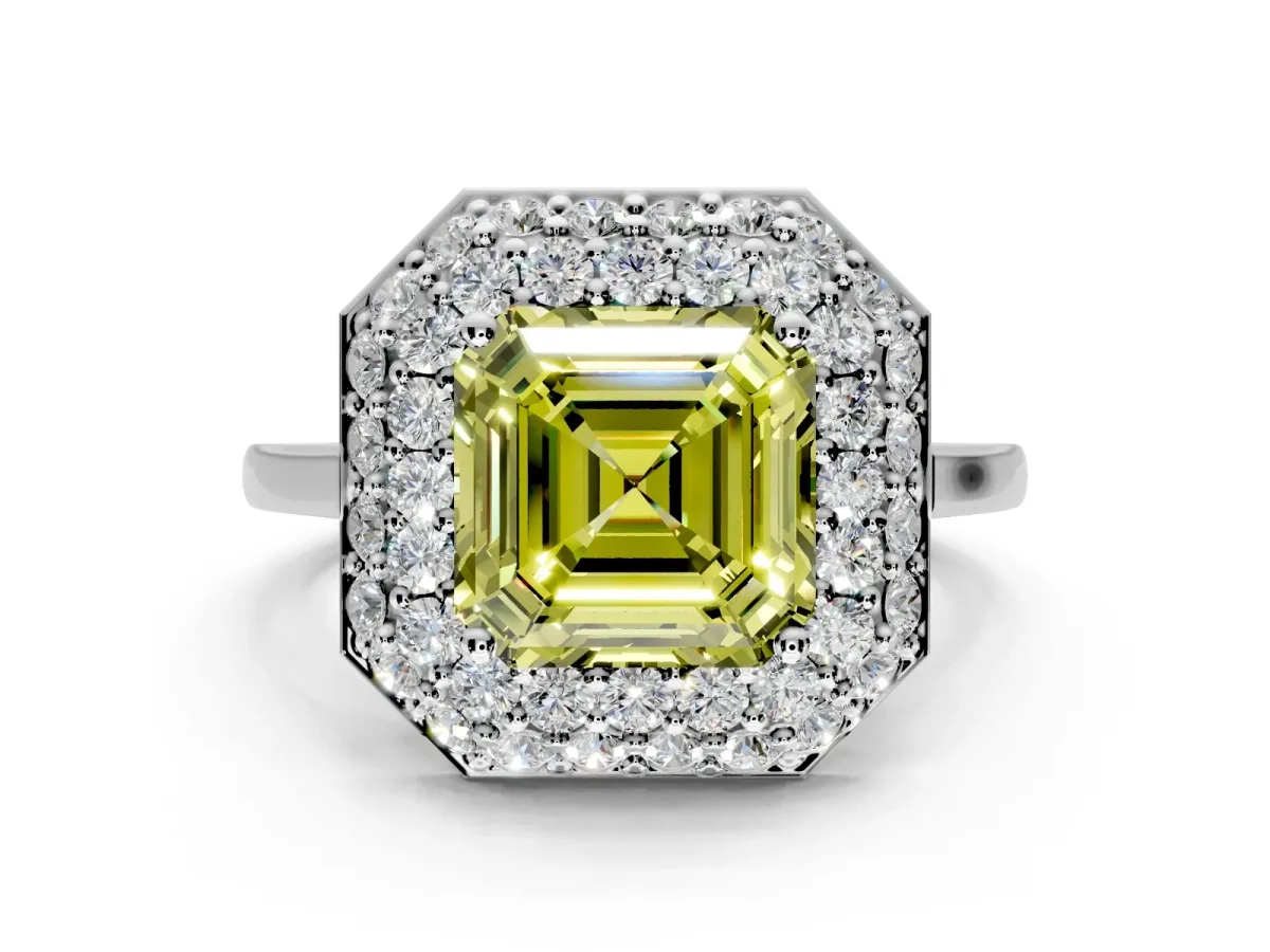 Halo Engagement Ring Setting for Fancy Yellow Asscher Cut Center with Plain Tapered Band and Prong Head in Platinum