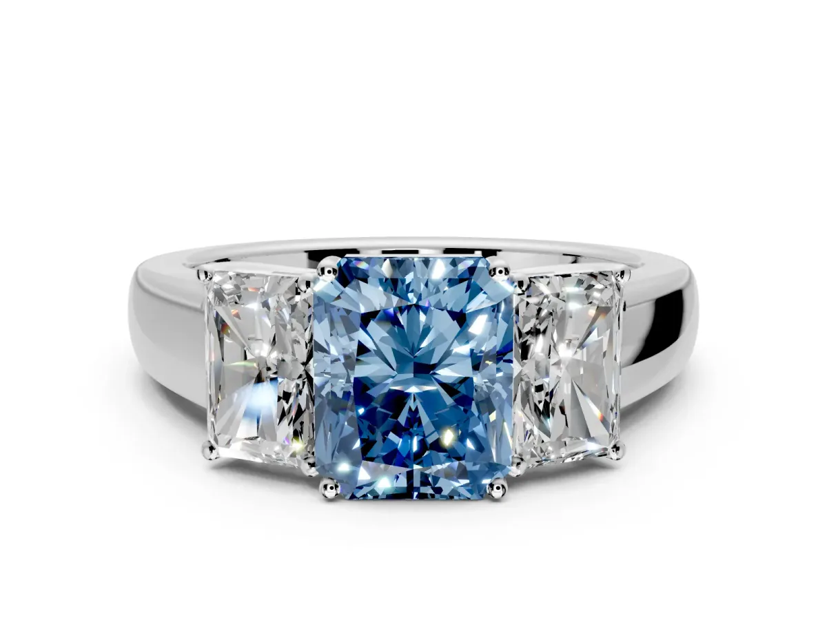 3 Stone Engagement Ring Setting for Fancy Blue Radiant Cut Center with Raised Basket Heads and Prong Head in Platinum