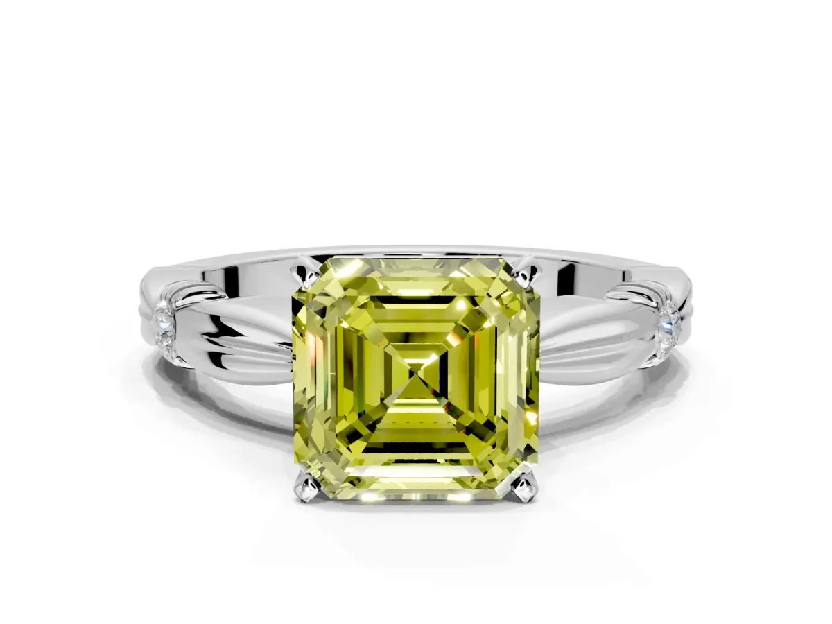 Solitaire Engagement Ring Setting for Fancy Yellow Asscher Cut Center with Carved Leaf Shoulders and Prong Head in Sterling Silver