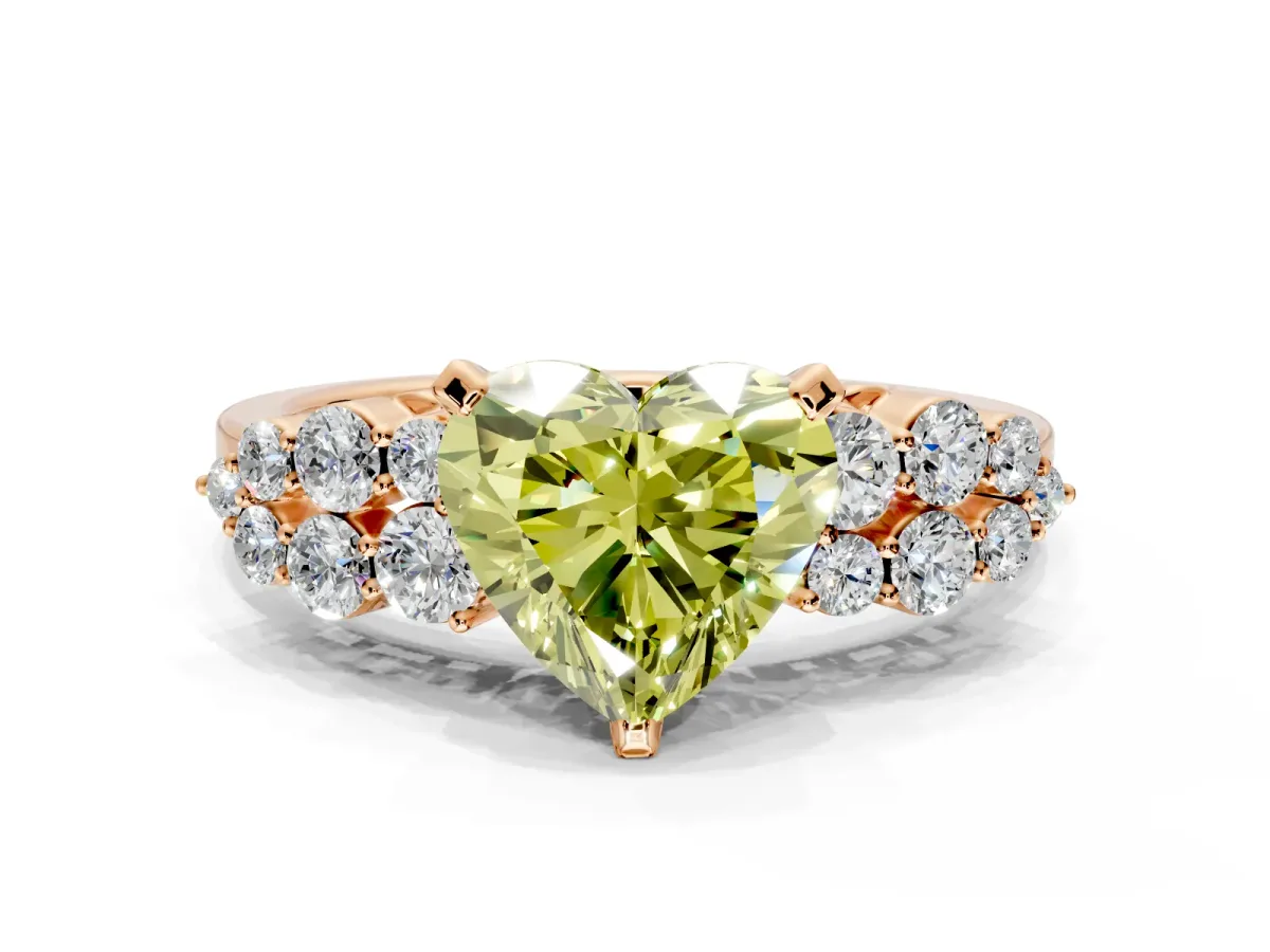 Cluster Engagement Ring Setting for Fancy Yellow Heart-Shaped Center with 2-Row Shoulder Clusters and Prong Head in Rose Gold