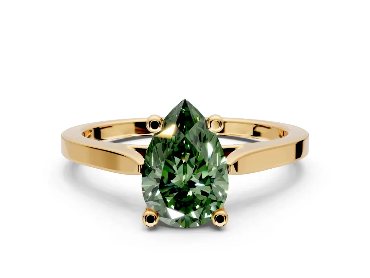 Solitaire Engagement Ring Setting for Fancy Green Pear-Shaped Center with Tapered Shoulders and Prong Head in Yellow Gold