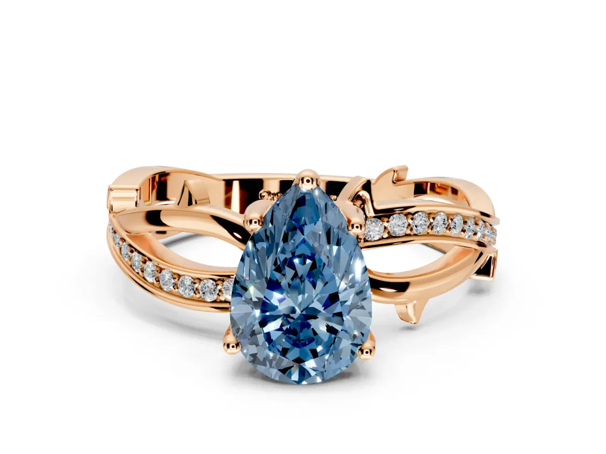 Solitaire Engagement Ring Setting for Fancy Blue Pear-Shaped Center with Pave and Plain Crossover Band and Prong Head in Rose Gold