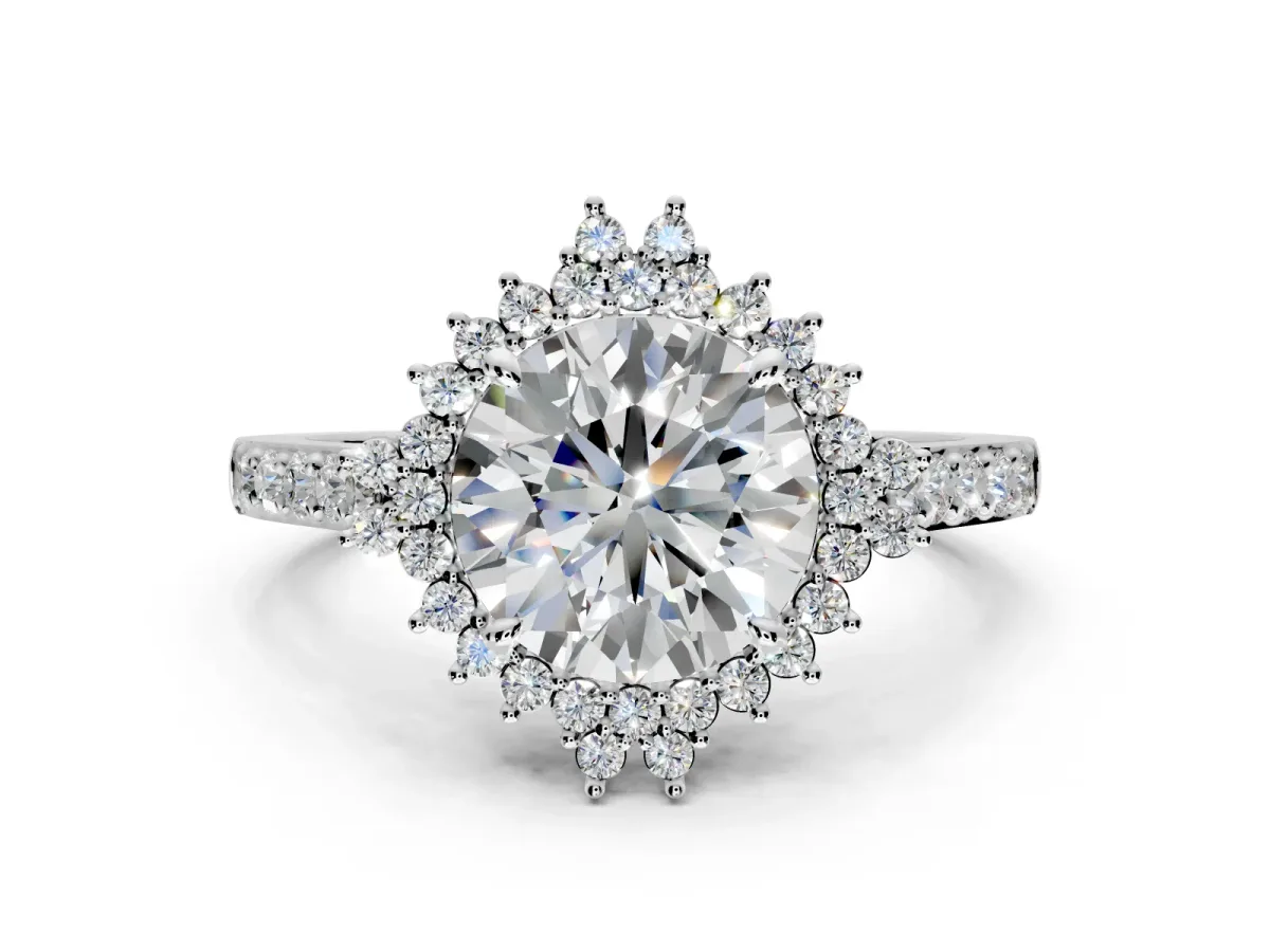Sunburst Halo Engagement Ring Setting for Round Cut Center with Pave Band and Prong Head in Platinum