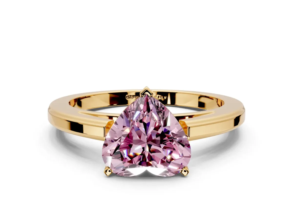 Solitaire Engagement Ring Setting for Fancy Pink Heart-Shaped Center with Flat-Sided Plain Band and Prong Head in Yellow Gold