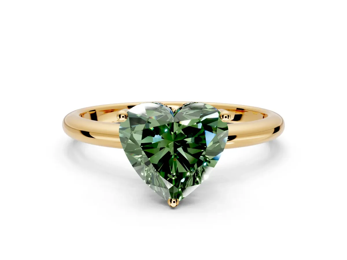 Hidden Halo Engagement Ring Setting for Fancy Green Heart-Shaped Center with Thin Round-Wire Band and Prong Head in Yellow Gold