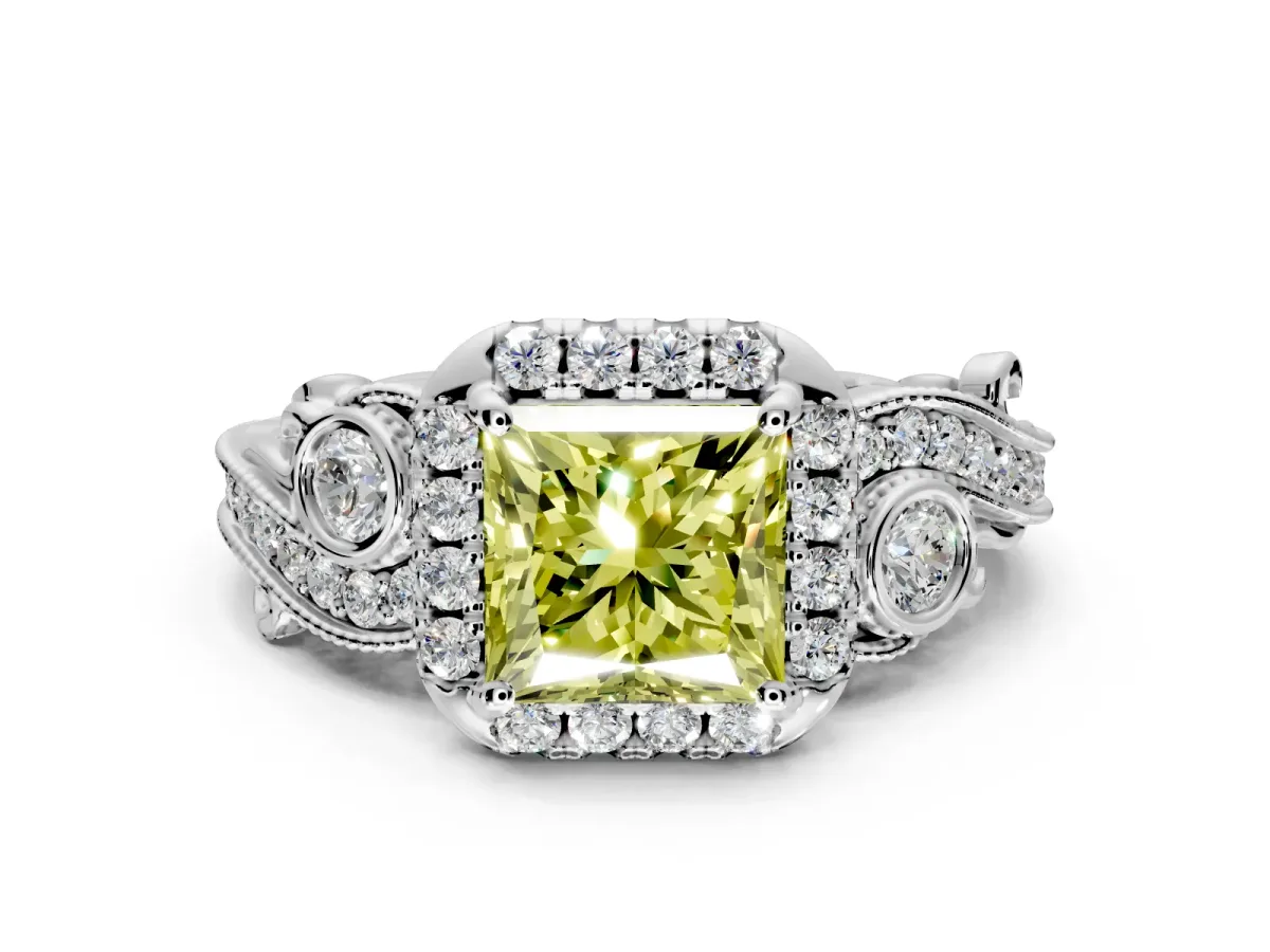 Milgrain Halo Engagement Ring Setting for Fancy Yellow Princess Cut Center with Shoulder Bezels and Prong Head in Sterling Silver