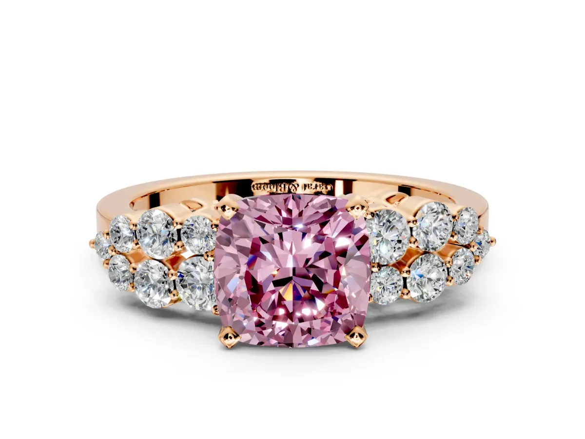 Cluster Engagement Ring Setting for Fancy Pink Cushion Cut Center with 2-Row Shoulder Clusters and Prong Head in Rose Gold