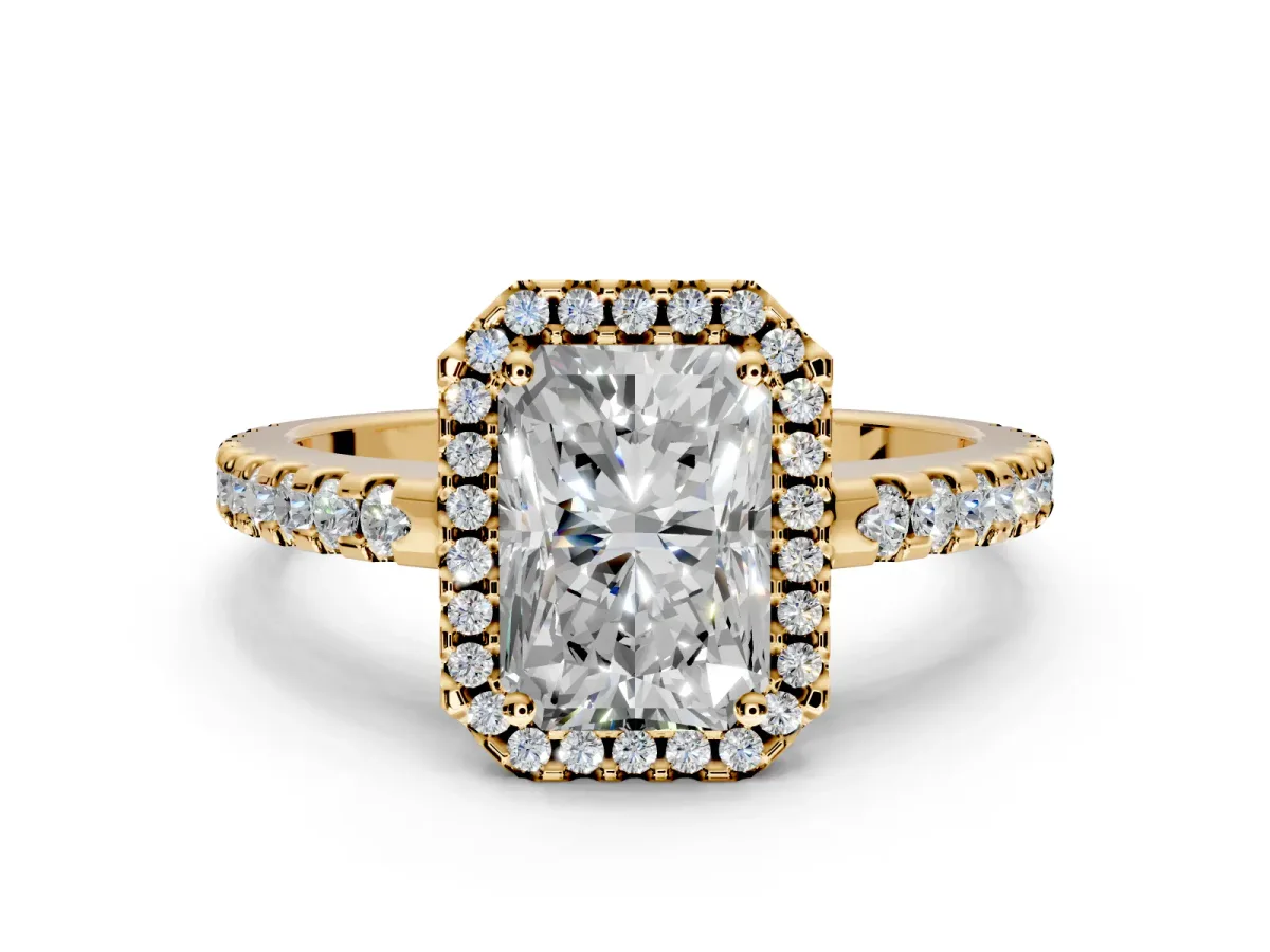 Accent Halo Engagement Ring Setting for Radiant Cut Center with Full-Length Pave Band and Prong Head in Yellow Gold