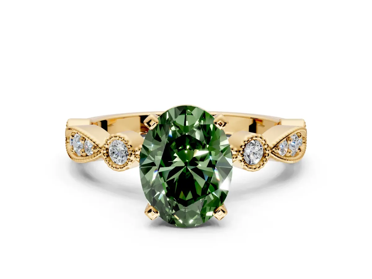 Solitaire Engagement Ring Setting for Fancy Green Oval Center with Milgrain Bezel Accents and Prong Head in Yellow Gold