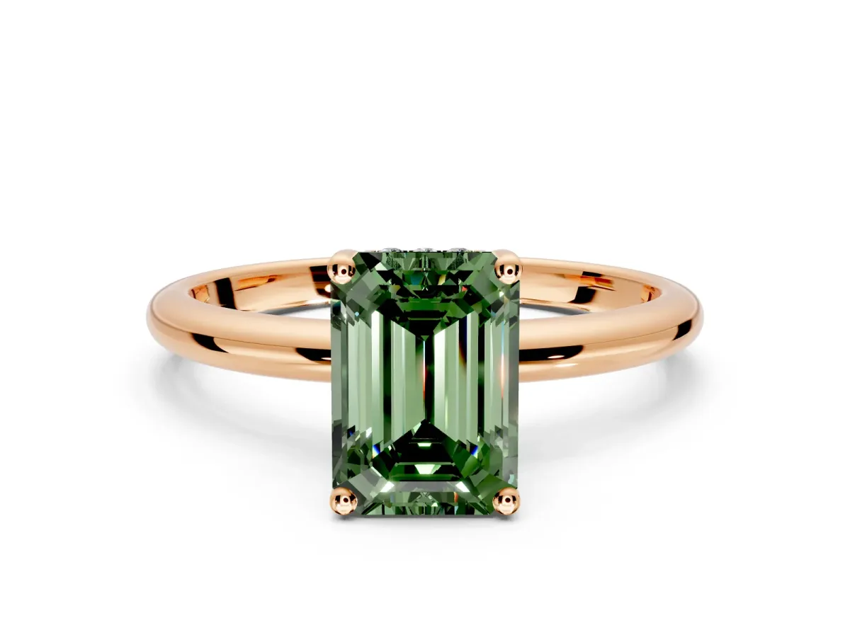 Hidden Halo Engagement Ring Setting for Fancy Green Emerald Cut Center with Thin Round-Wire Band and Prong Head in Rose Gold