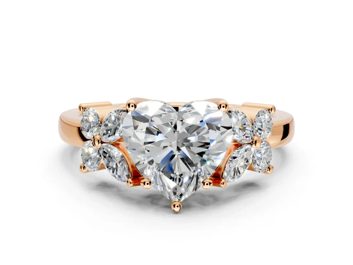 Floral Engagement Ring Setting for Heart-Shaped Center with Marquise Cluster Shoulders and Prong Head in Rose Gold