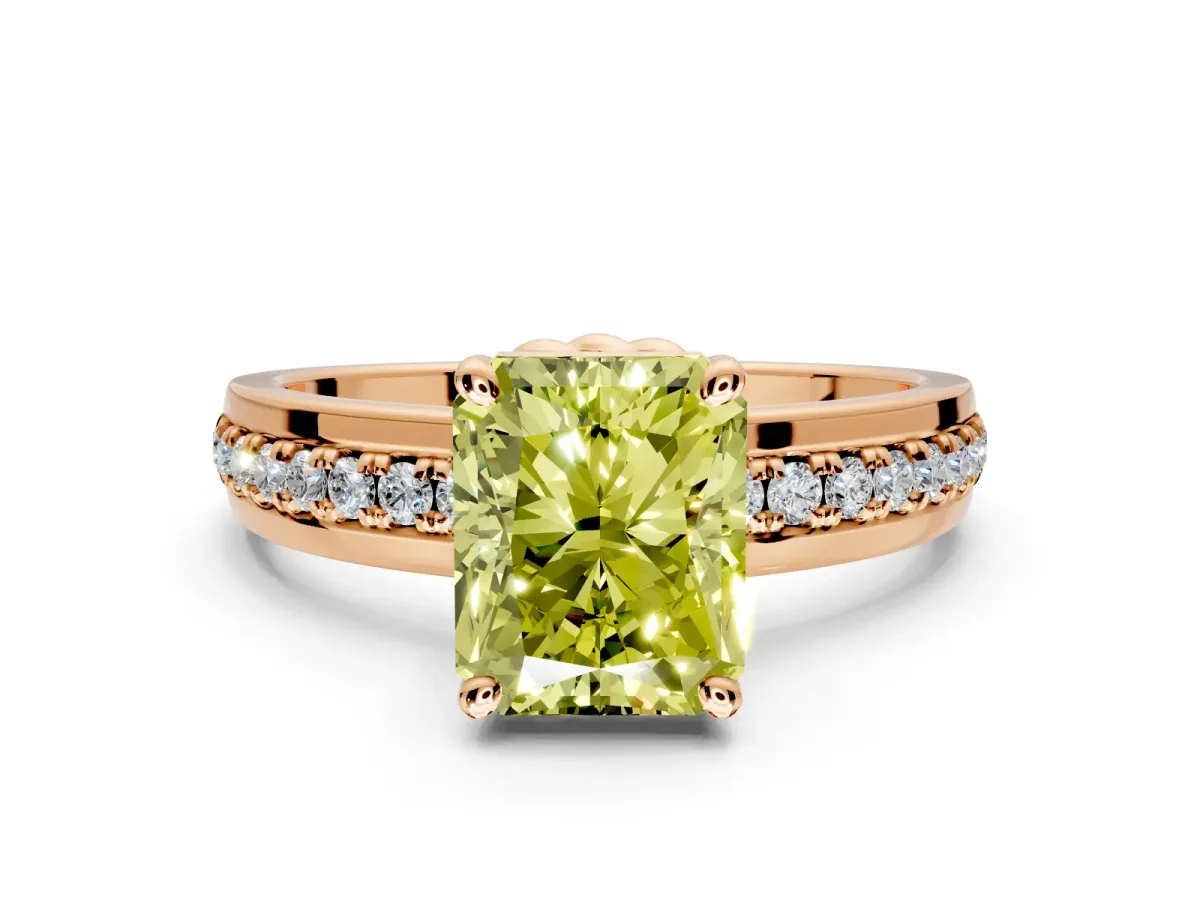 Solitaire Engagement Ring Setting for Fancy Yellow Radiant Cut Center with Raised Channel Band and Prong Head in Rose Gold