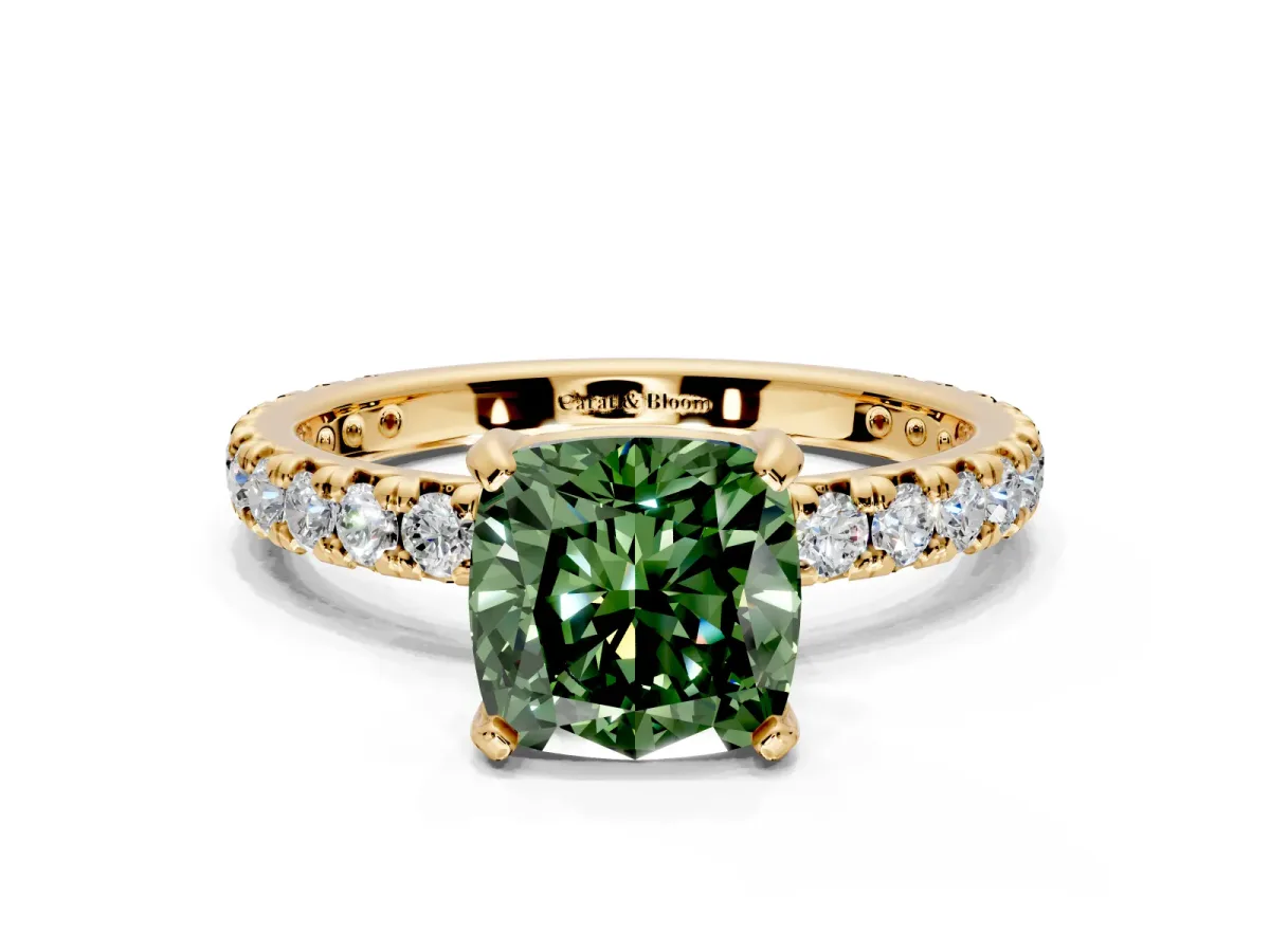 Solitaire Engagement Ring Setting for Fancy Green Cushion Cut Center with Shared-Prong Accents and Prong Head in Yellow Gold