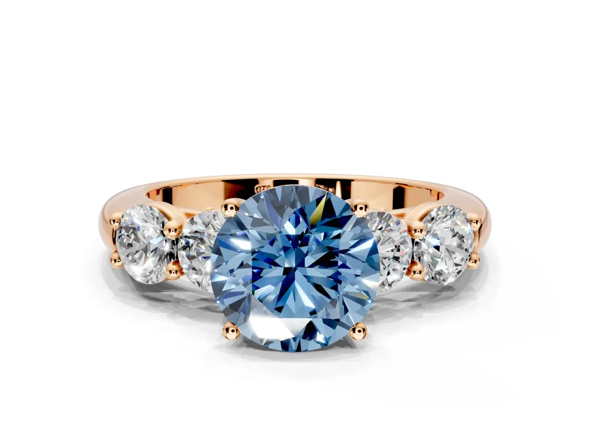 5 Stone Engagement Ring Setting for Fancy Blue Round Cut Center with Graduated Accents and Prong Head in Rose Gold