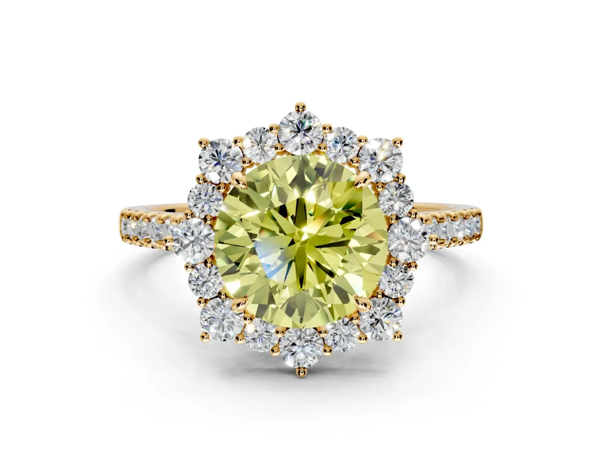 Halo Engagement Ring Setting for Fancy Yellow Round Cut Center with Single-Row Pave, Open Basket and Prong Head in Yellow Gold