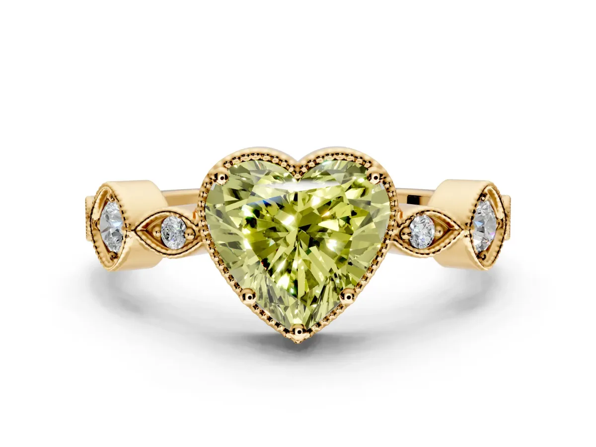Vintage Station Engagement Ring Setting for Fancy Yellow Heart-Shaped Center with Accents and Prong Head in Yellow Gold