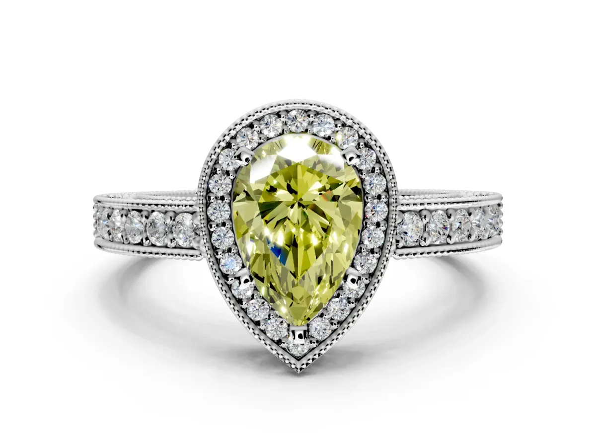 Milgrain Halo Engagement Ring Setting for Fancy Yellow Pear-Shaped Center with Wide Pave Band and Prong Head in Platinum