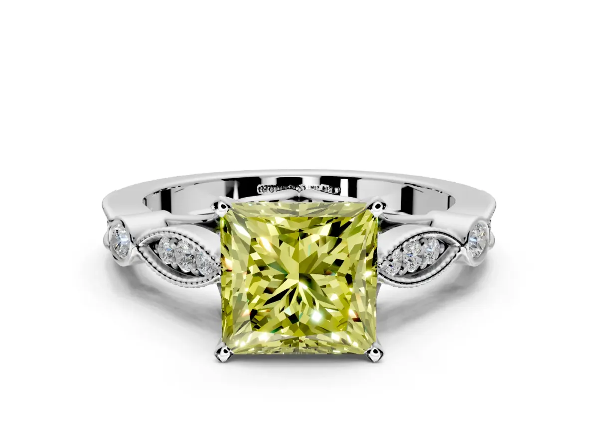 Solitaire Engagement Ring Setting for Fancy Yellow Princess Cut Center with Marquise and Bezel Accents and Prong Head in White Gold