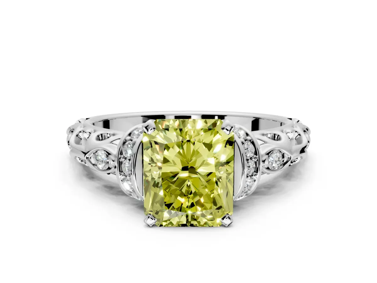 Solitaire Engagement Ring Setting for Fancy Yellow Radiant Cut Center with Filigree Band and Prong Head in Sterling Silver
