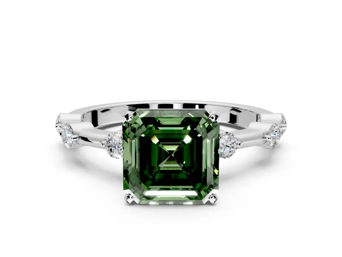 Solitaire Engagement Ring Setting for Fancy Green Asscher Cut Center with Bezel Station Band and Prong Head in Sterling Silver
