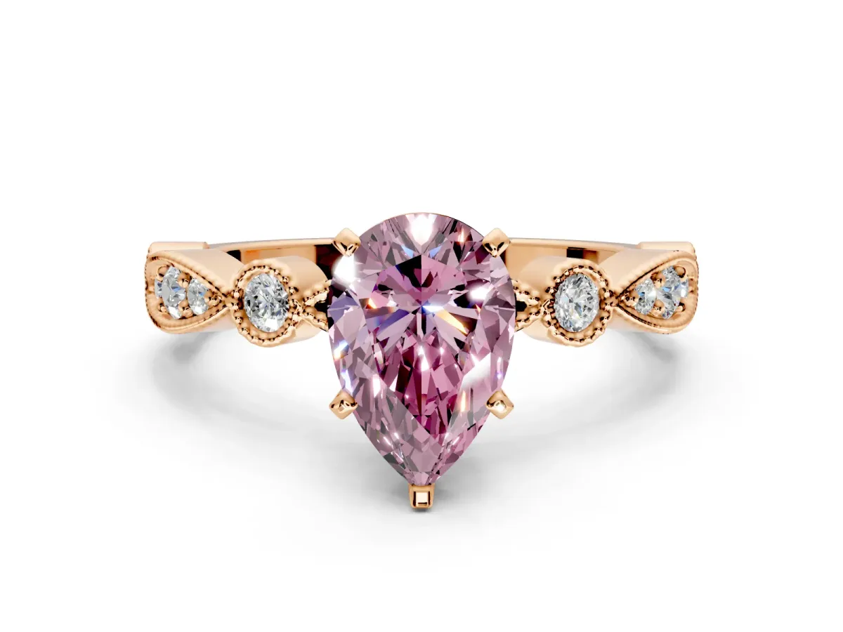Solitaire Engagement Ring Setting for Fancy Pink Pear-Shaped Center with Milgrain Bezel Accents and Prong Head in Rose Gold