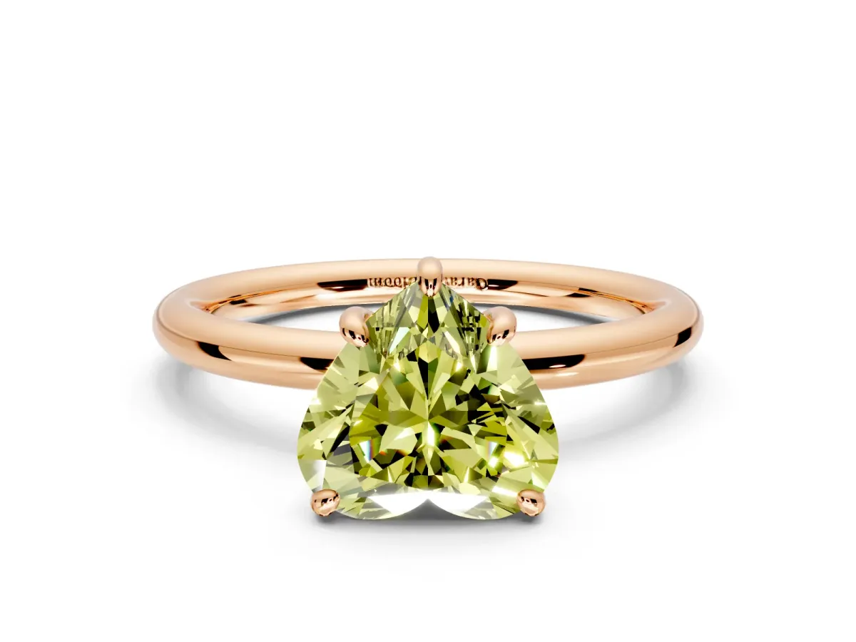 Low-Set Solitaire Engagement Ring Setting for Fancy Yellow Heart-Shaped Center with Thin Plain Band and Prong Head in Rose Gold