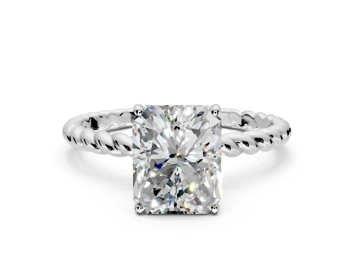 Solitaire Engagement Ring Setting for Radiant Cut Center with Plain Twisted Rope Band and Prong Head in White Gold
