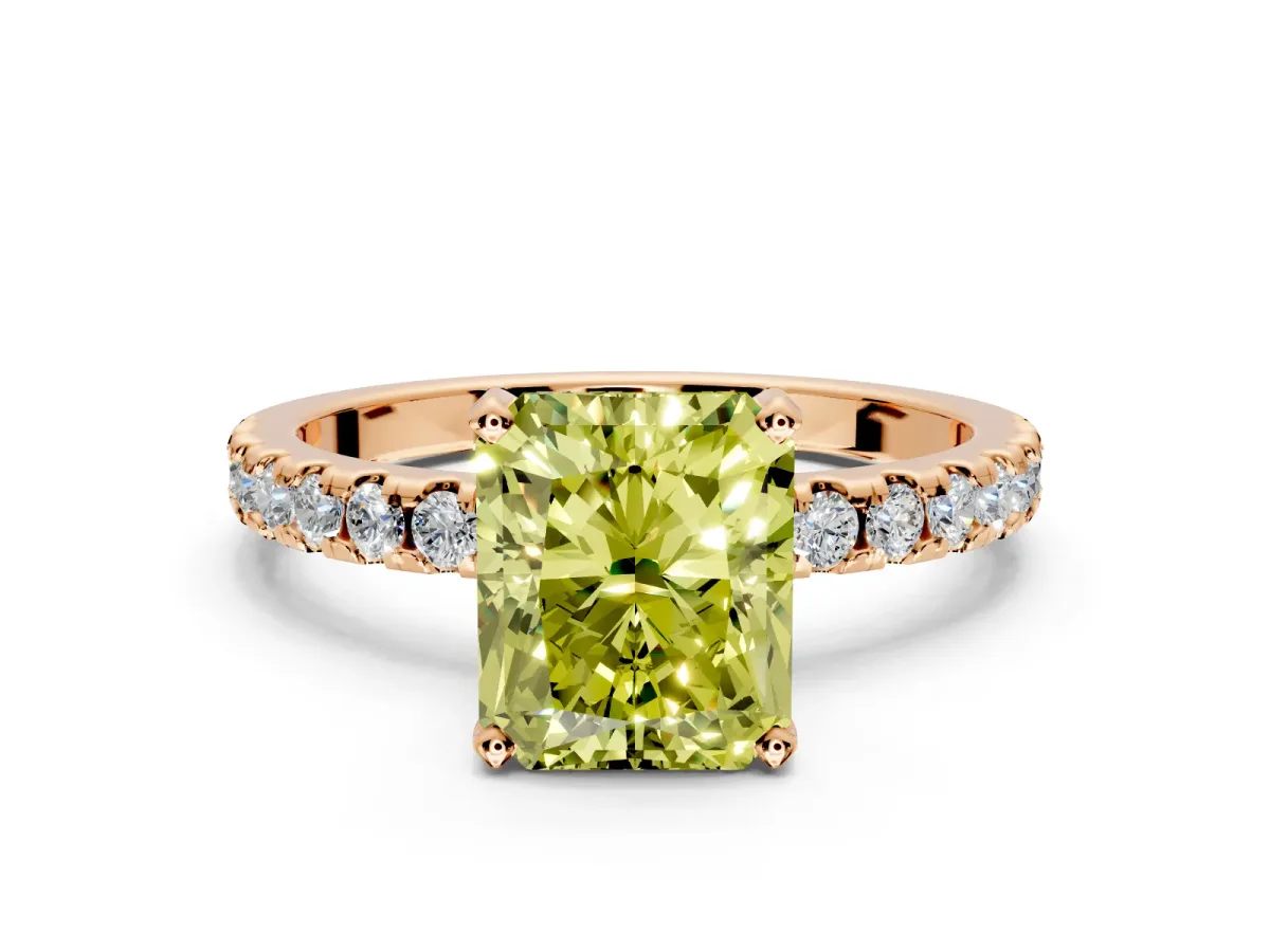 Solitaire Engagement Ring Setting for Fancy Yellow Radiant Cut Center with Band of Accents and Prong Head in Rose Gold
