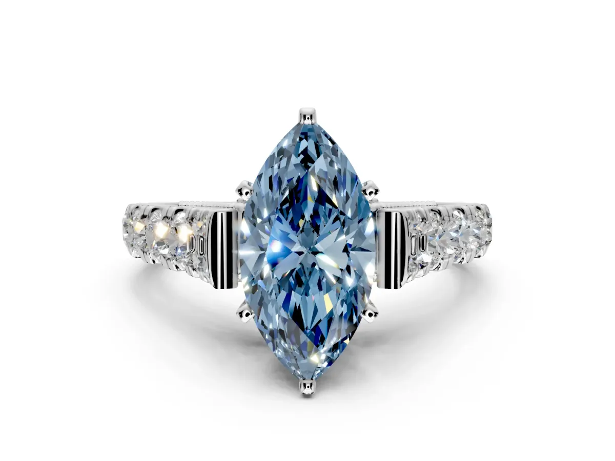 Solitaire Engagement Ring Setting for Fancy Blue Marquise Center with Pave Cathedral Shoulders and Prong Head in Platinum