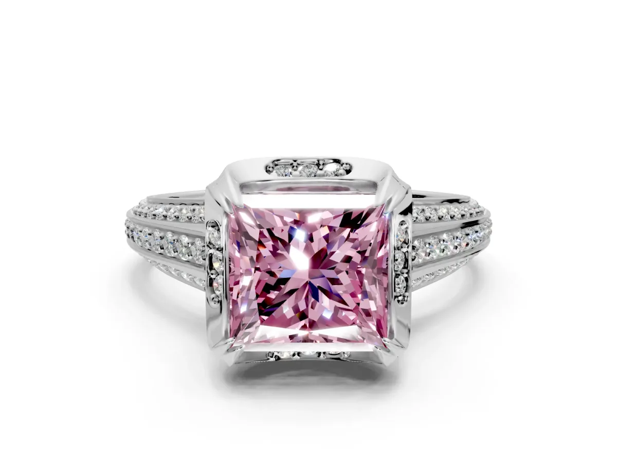 Solitaire Engagement Ring Setting for Fancy Pink Princess Cut Center with Accented Split Shank and Prong Head in Sterling Silver