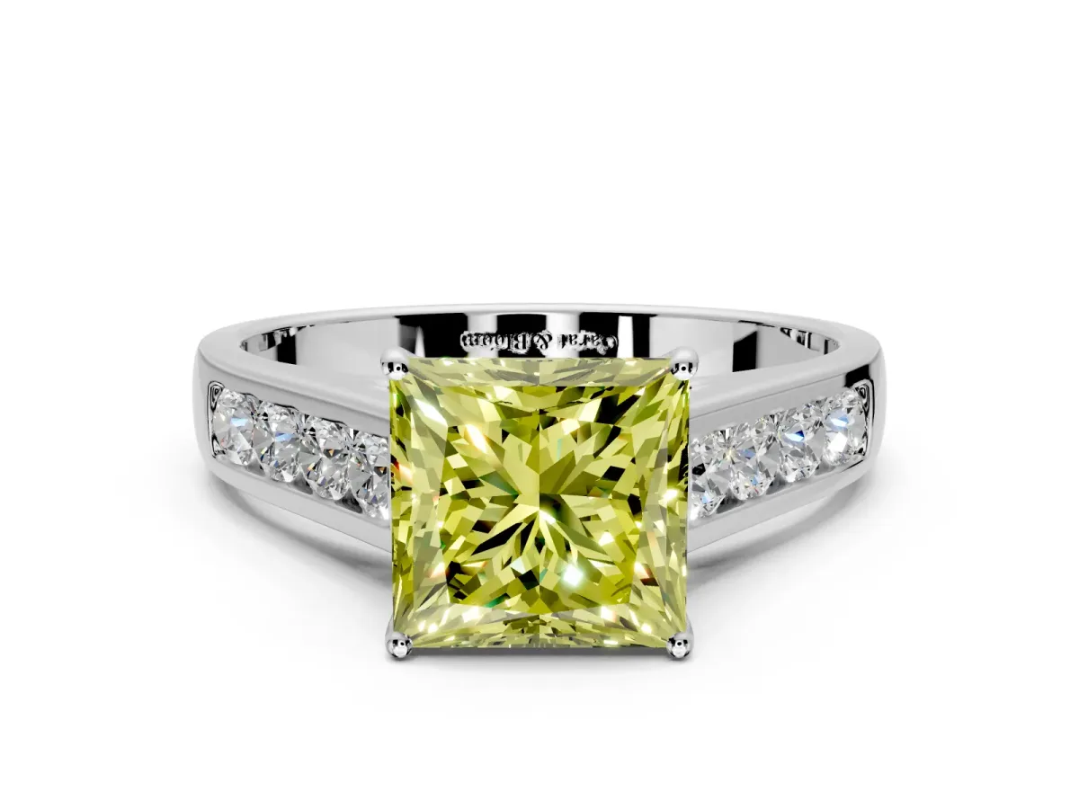 Solitaire Engagement Ring Setting for Fancy Yellow Princess Cut Center with Cathedral Channel Band and Prong Head in Platinum