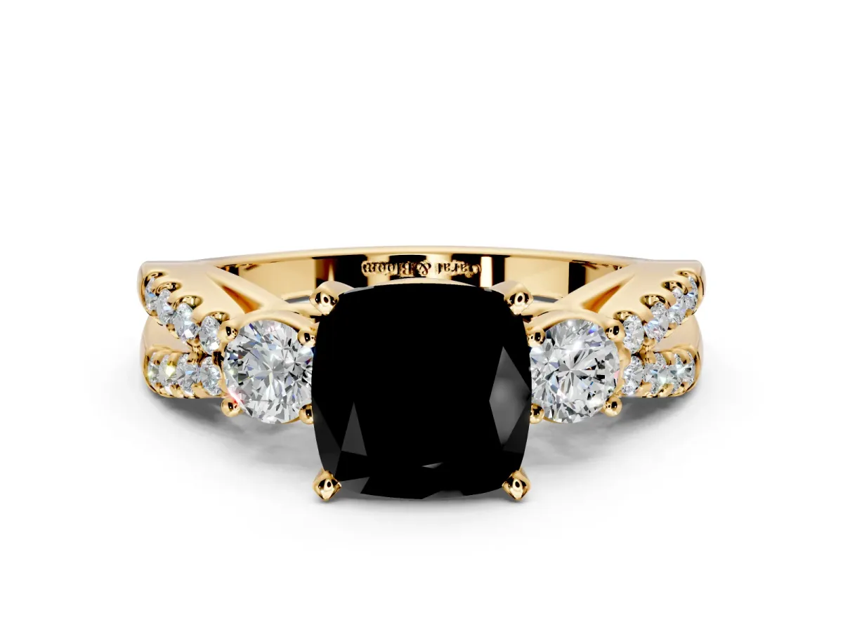 3 Stone Engagement Ring Setting for Fancy Black Cushion Cut Center with Pave Split Shank and Prong Head in Yellow Gold