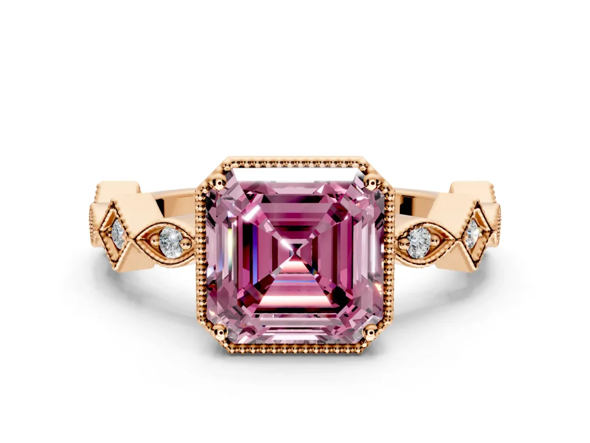 Milgrain Bezel Engagement Ring Setting for Fancy Pink Asscher Cut Center with Marquise Stations and Bezel Head in Rose Gold