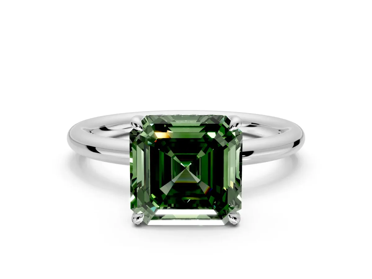 Hidden Halo Engagement Ring Setting for Fancy Green Asscher Cut Center with Thin Rounded Band and Prong Head in Sterling Silver