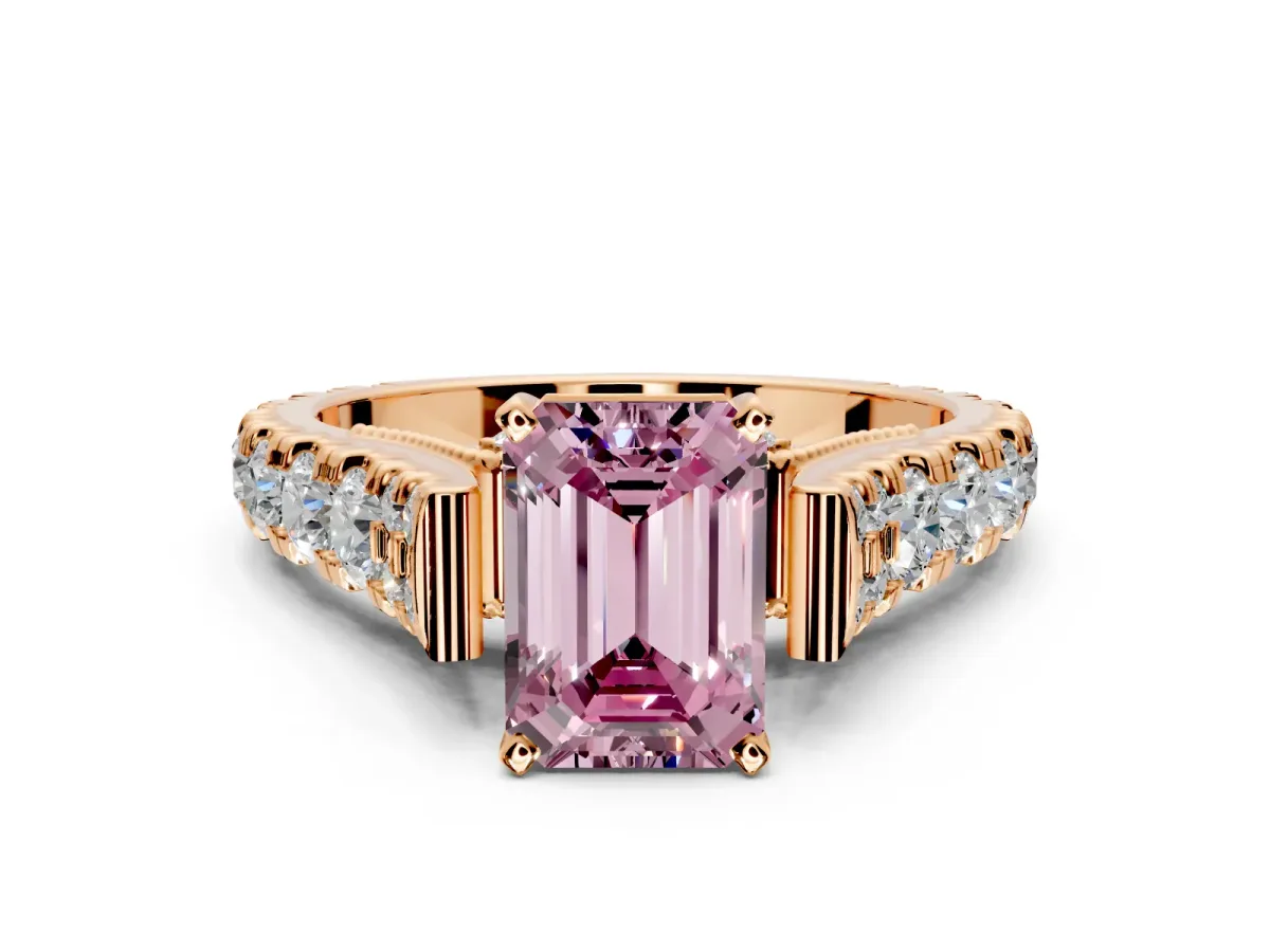 Solitaire Engagement Ring Setting for Fancy Pink Emerald Cut Center with Pave Cathedral Shoulders and Prong Head in Rose Gold