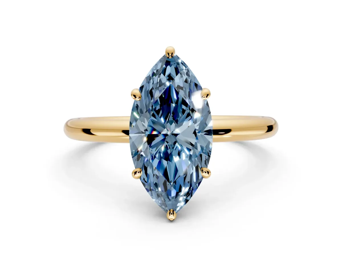 Low-Set Solitaire Engagement Ring Setting for Fancy Blue Marquise Center with Thin Plain Band and Prong Head in Yellow Gold