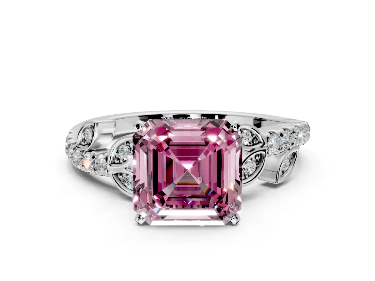 Leaf Motif Engagement Ring Setting for Fancy Pink Asscher Cut Center with Pave Band and Prong Head in White Gold