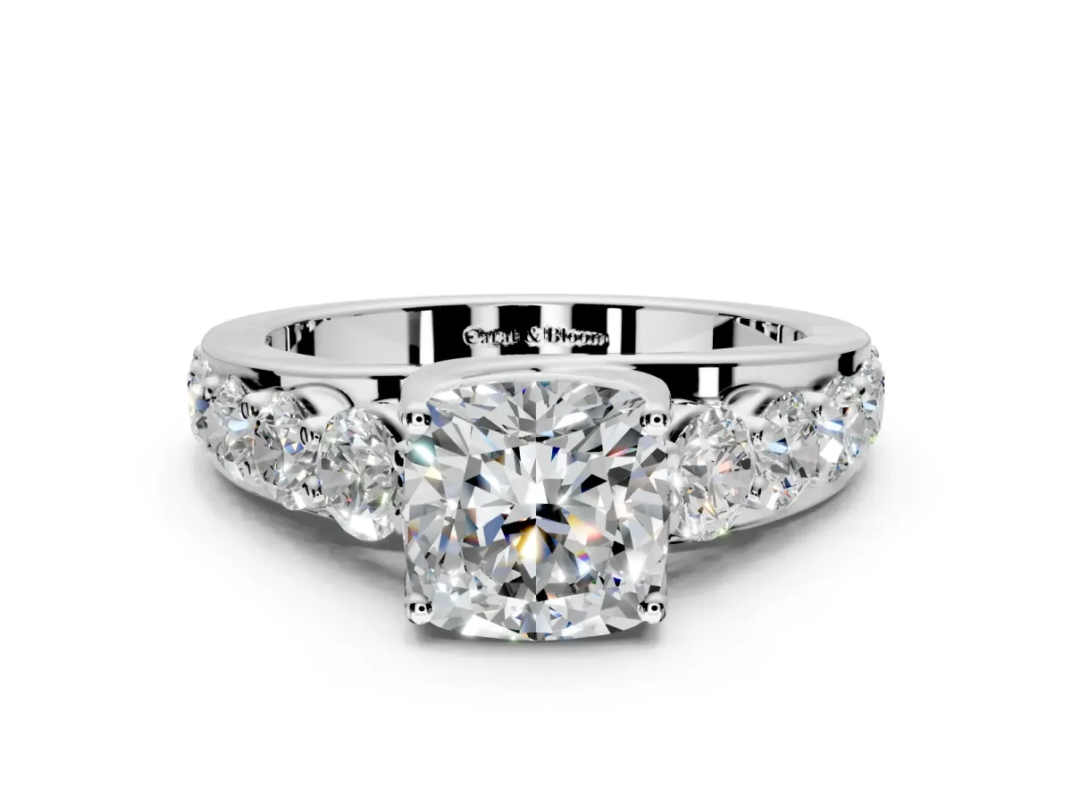 Solitaire Engagement Ring Setting for Cushion Cut Center with Graduated Shared Prongs and Prong Head in Platinum