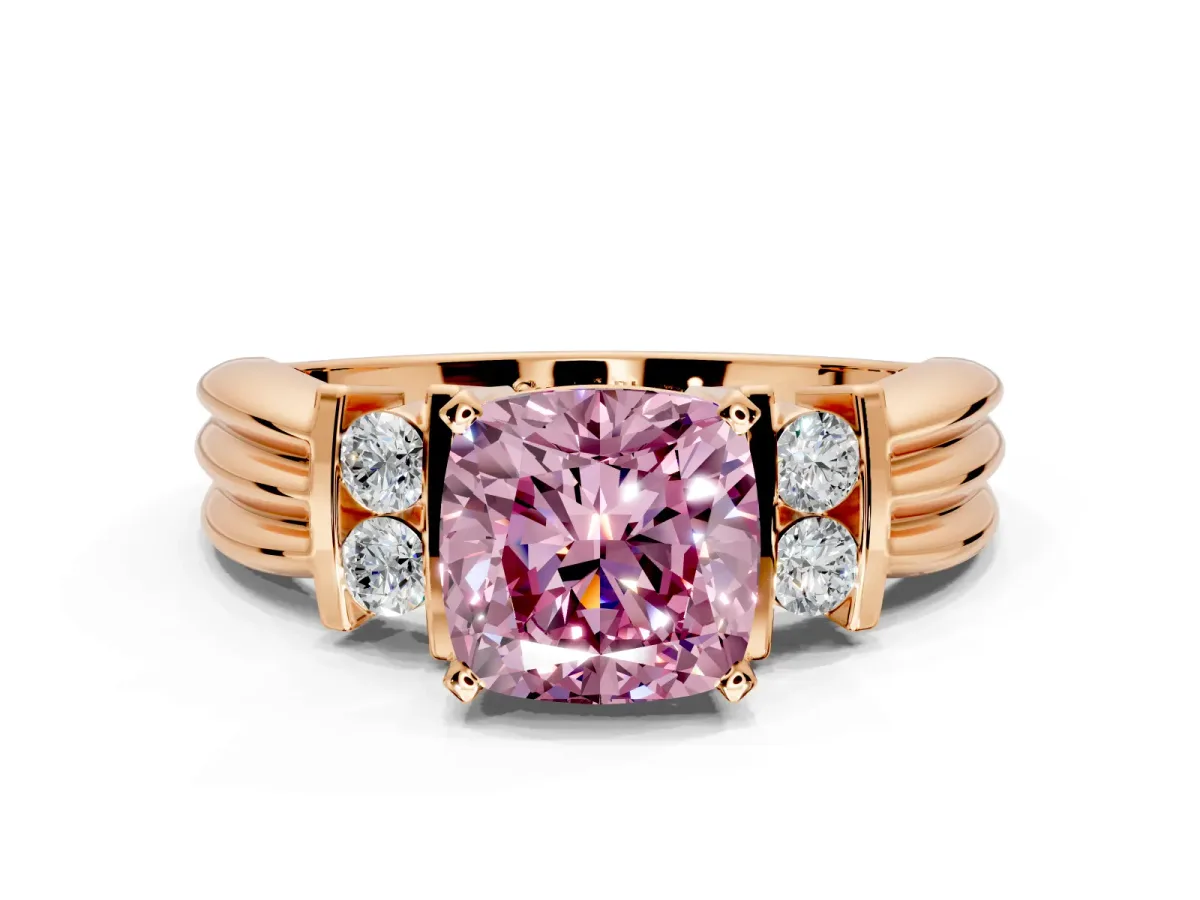 Solitaire Engagement Ring Setting for Fancy Pink Cushion Cut Center with Grooved Bar Accent Band and Prong Head in Rose Gold