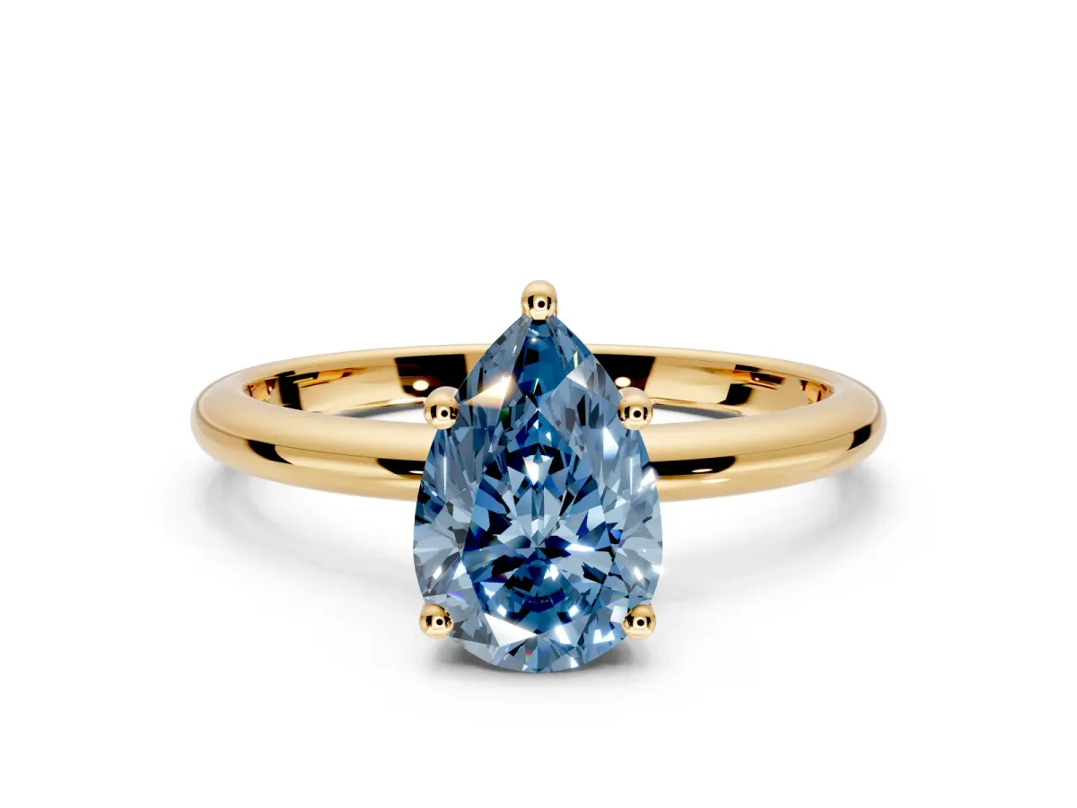 Hidden Halo Engagement Ring Setting for Fancy Blue Pear-Shaped Center with Thin Round-Wire Band and Prong Head in Yellow Gold
