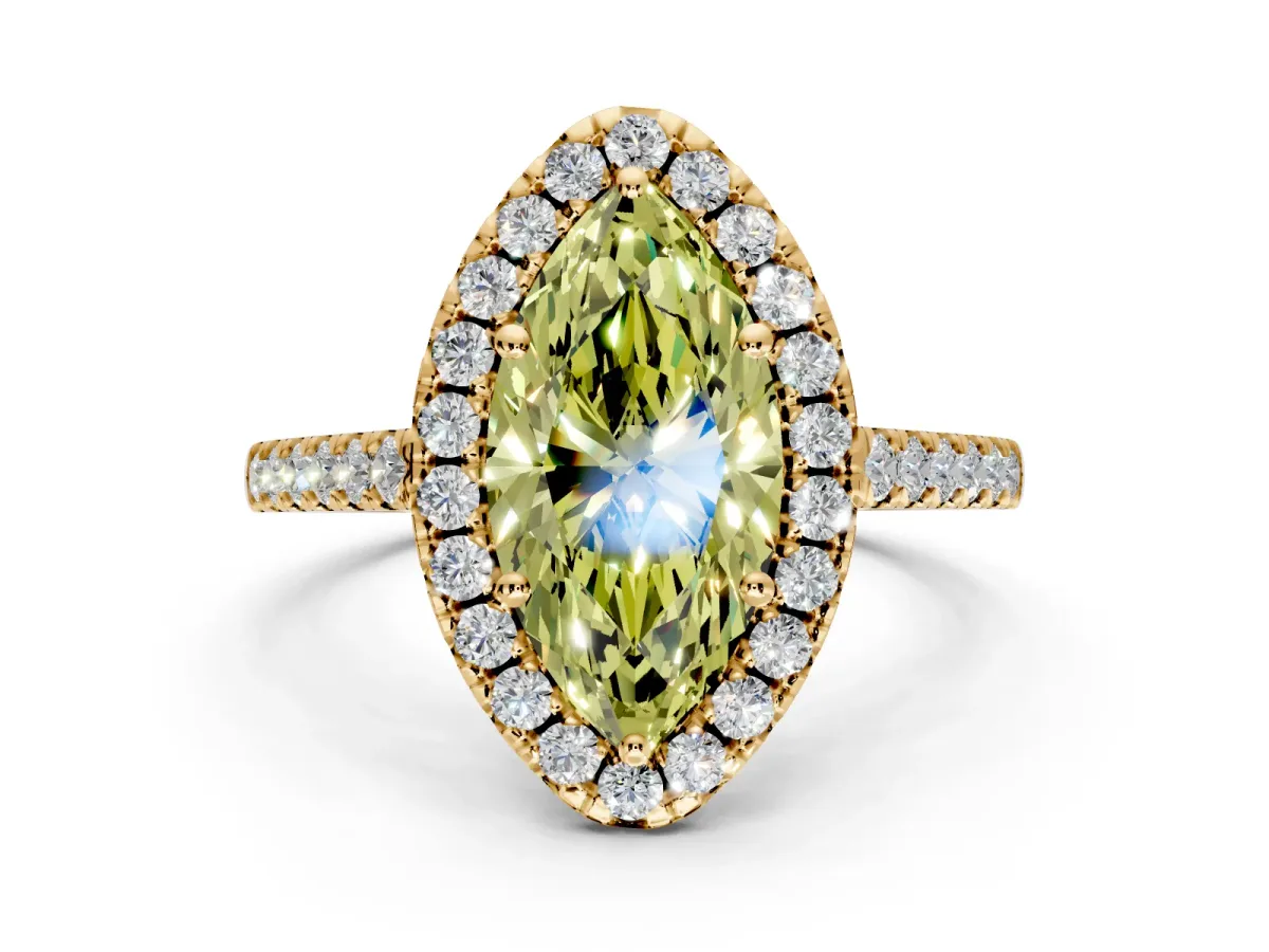 Halo Engagement Ring Setting for Fancy Yellow Marquise Center with Raised Halo, Pave Band and Prong Head in Yellow Gold